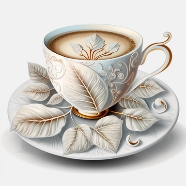 watercolour white china coffee cup on white china coffee plate with cappuccino coffee in cup with artistic leaf in froth of coffee beautiful cup of coffee beautifully detailed perfect cup of coffee,png image,high resolution,300dpi,graphic clipart,computer graphics