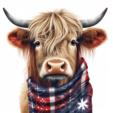 Patriotic Long Haired Calf PNG with red, white & blue Bandana hairband , Highland cow face clipart, Western, farm cow clipart, Fall sublimation, red, white & blue headband, white background, very detailled, very realistic