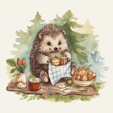 Happy Picnic Hedgehog Sublimation Set, outline watercolor hand draw Illustration clipart, 4K, extremely detailed