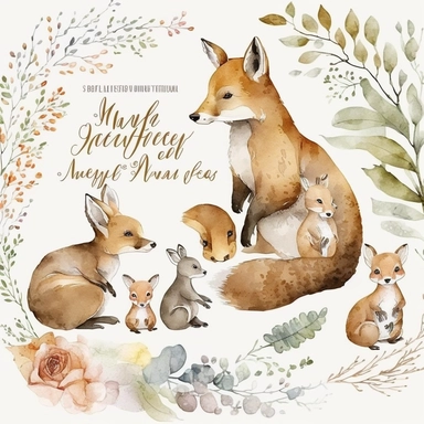 Mother's Love and cute Baby Animals watercolor forest clipart. Forest Moms Love and little Animals set of high quality hand painted flora and fauna illustrations, clipart set includes hand drawn watercolor elements, with white background, Mother and baby woodland animals, mother deer and fawn, mother squirrel and baby squirrel, mother rabbit with bunny, mother bear and bear cub, mother fox with fox cub