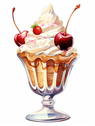 Classic Sundae Delight: A scoop of creamy vanilla ice cream topped with luscious chocolate syrup, whipped cream, sprinkles, and a cherry on top. Served in a traditional glass sundae dish. Artistic watercolor clipart