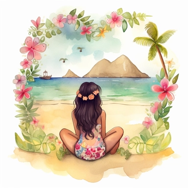 watercolour, tropical island setting, showcase an adorable little Hawaiian girl, she has flowers in her hair, she is sitting near the beach, surrounded by beautiful flowers and hearts, the feeling is magical, clipart style