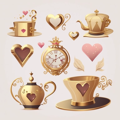 collection of hat , teapot,book, teacup, hearts cards, big crazy hat, gold melting clock , hourglass, queen of hearts , hearts paying cards vector clipart gold and light pink on white background