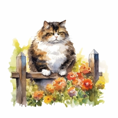 chubby cat on fence a few flowers watercolour clipart ~~ar 9:8