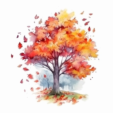 watercolor style, autumn tree in the part with falling leaves, clipart isolated on white background, 4K