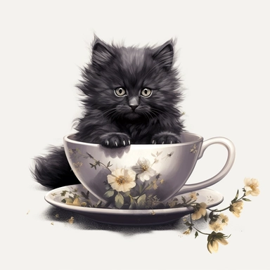 persian fluffy long haired black kitten in steel base flower painted beautiful tea cup, showing fluffy hairy tail, dark watercolor clipart , ultrarealistic, very detailed, finished corners, finished edges, no excess sprinkles