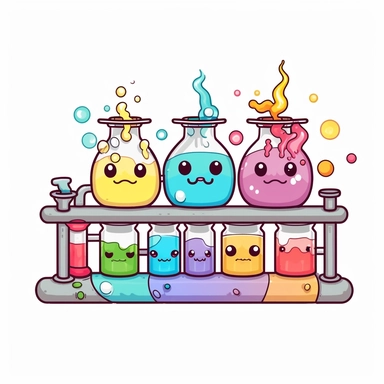 kawaii japanese style rainbow science lab filled with bubbling test tubes, beakers, and a quirky scientist conducting experiments with funny results, Best quality, 8K, HD, white background, no background, sublimation file, png, 2d, Cute kawaii style, vect