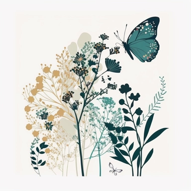 clipart , minimal simple Butterfly over flowers Bohemian style ,white background ,no text ,without border