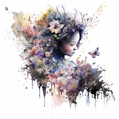 Ryohei Hase mystical fairy fairytale surrounded by flowers by, Watercolor Clipart, spring, 8k for a storybook, fairytale, transparent background, watercolor and black ink, illustration for children's story