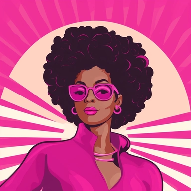 Create a vibrant clipart image featuring a confident Afro-American girl boss surrounded by a pink background. The girl boss exudes empowerment and determination, with a stylish and professional appearance. She stands tall with an assertive posture, exuding a sense of self-assurance and strength. Design her with a chic hairstyle that highlights her natural curls, symbolizing her pride in her heritage. Her outfit portrays sophistication and professionalism, reflecting her role as a successful entr
