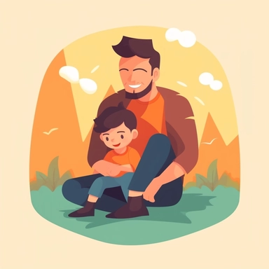 Create a heartfelt Father's Day clipart showcasing a dad hugging his child. The scene should depict a warm, loving moment where they are both smiling, symbolizing their strong bond. The dad can be kneeling or sitting to be at the child's height. Try to incorporate soft, soothing colors to emphasize the loving nature of the scene. Additionally, include a decorative banner at the bottom of the clipart with the phrase 'Dad's Hug, Best Hug'. Please ensure the illustration is clear and high-resolutio