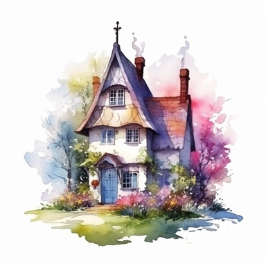Vector clipart, isolated on white background, beautiful lovely Watercolor cute little colorful house, spring time , ornated, pastel colors, small England village