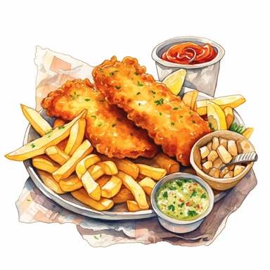 a delightful watercolor, hyper-realistic clipart image with a white background and white margins, showcasing a plate of crispy fish and chips. The ultra-detailed, hand-drawn elements capture the golden batter and tender fish. Use whimsical touches to add a sense of freshness, and bold shades of yellow and brown to evoke the comforting and satisfying nature of this classic fast food dish