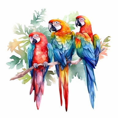 an enchanting watercolor clipart image with a white background, showcasing a group of colorful macaws perched on a branch, their vibrant feathers and playful demeanor capturing the essence of the jungle's lively atmosphere.