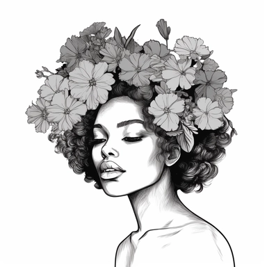 beautiful flowers in head of a black woman isolated vector artwork, coloring pages, in the style of apollonia saintclair, minimalist beauty, kris knight, large canvas sizes, cherry blossoms, organically inspired body art, line art, white background, vector clipart