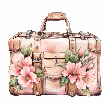 hand drawn , watercolor, hyper realistic, white background, white margins, 16k, ultra detailed clipart, cut out image, hand-drawn, ultra HD, sharp and clean art a vintage travel bag with delicate floral , capturing the romantic and feminine aesthetics often associated with vintage fashion and travel. light pink pastel