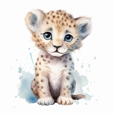 a pastel baby leopard with kind eyes clipart with watercolor illustration,full body shot,8k,etsy style, white background