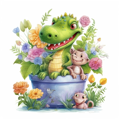 Capture a charming commercial moment with a beautifully detailed, ultra-realistic illustration of a lovable [little crocodrile and his parents] half hidden behind a pot of nice flowers, backgroundof a nice and floral farm, creating an endearing scene ideal for nursery-style clipart and baby room décor. Isolated on a clean white background, this highly-detailed, award-winning artwork