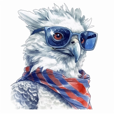 closeups shot, low angle, watercolor style, Harpy eagle, wears American flag scarf and sunglasses, hyper-realistic animal illustrations, 2d game art, quadratura, clipart, on white background,