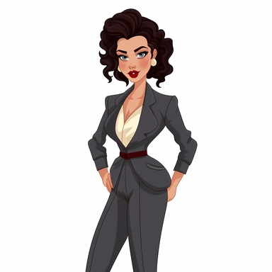 full body perspective 2d disney clipart illustration of a pretty business woman, thick-outlined, white background