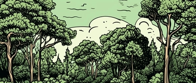 trees and branches and green foliage woods, simple comic style with black ink outline, clipart style