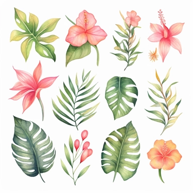 Tropical Watercolor Clipart, Tropical Leaves Flowers, Green leafs, Palm Leaf, pink tone, on the white background