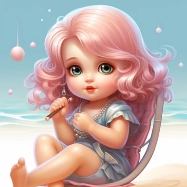 clipart of super cute baby girl in the beach white background full body, sitting on a chair on the sand, charming anime characters Thomas Kinkade Nadja Baxter Anne Stokes Nancy Noel