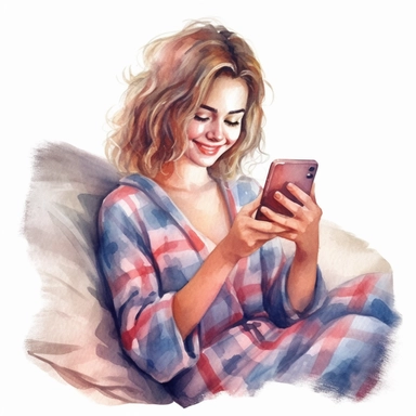 Easy to cut, dreamy watercolor smily woman in pijama slumped on her bed, checking her phone clipart