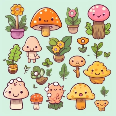 Create a Kawaii-inspired clipart set that celebrates the magic of nature. Design adorable critters like smiling mushrooms, happy clouds, and cuddly flowers. Let the elements be full of life and joy, with vibrant colors and soft, rounded shapes. Add tiny details like rosy cheeks, shiny eyes, and little bows to bring your Kawaii characters to life. Your clipart will transport viewers to a world of cuteness and wonder. Kawaii. White background, soft lighting.