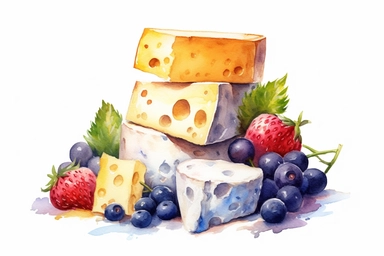 Watercolor, Cheese, Dairy products, clipart, hd, on a white background, spaced out