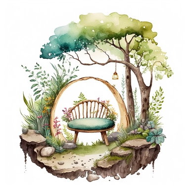 watercolor whimsical Forest nook corner Clipart, spring woodlands, with seating and rocks, white background, no text