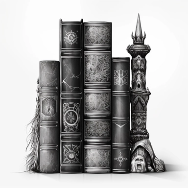 Create an impressive clipart of a clean, dark wizard's book stack on a pure white background. The design should incorporate elements of the gothic and fantasy genres, with dark hues and ornate designs on the books' spines. The lighting should be moody and shadowy, with a focus on the intricate details of the books' covers. The book stack should be perfectly symmetrical to create a sense of order and balance. Use a macro lens to capture the intricate details of the books' designs and play with th