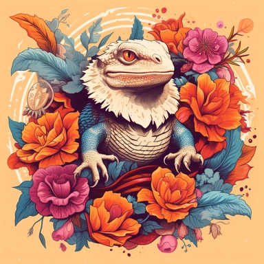 bearded dragon surrounded by bold colorful flowers, with a scroll that says bearded dragon mama, clipart style