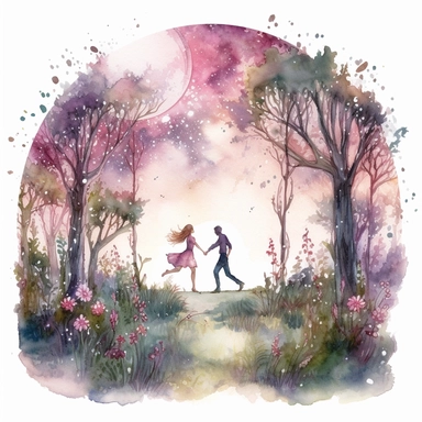 watercolor, hyper realistic, white background, white margins, 16k, ultra detailed clipart, cut out image, hand-drawn, whimsical a couple dancing in a moonlit garden, with twinkling fairy lights illuminating their path. soft shades of pink, purple, and green
