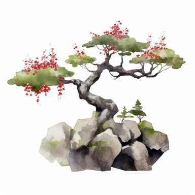 Design a dreamy watercolor clipart of japanese-inspired A minimalist arrangement of rocks, moss, and a single bonsai tree for a calming and contemplative design composition, hand-painted with soft and graceful brushstrokes. Draw inspiration from the artistic finesse of Ethereal Petals Watercolors for a refined and ethereal depiction. isolated on a white background, hand-drawn illustration, hand-painted watercolor texture, 16k UHD resolution, intricately detailed, sharp focal points, designed by 