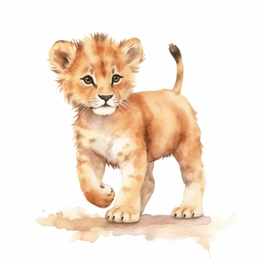 A charming watercolor lion clipart bundle, the side view of a baby lion walking with grace and elegance. showcasing an adorable lion cub engrossed in playful activities. Against a clean white background, the watercolor painting depicts the cub's unbridled enjoyment and sense of fun. This cute baby animal clipart bundle infuses designs with a lively and joyful atmosphere, creating a delightful and engaging visual experience. /artistic_style:Watercolor painting /background:white /subject:playful c