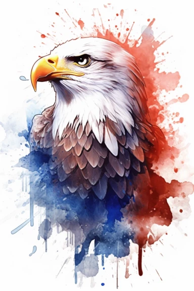 Watercolor American eagle, American Flag, Stars and Stripes, double exposure, integrated, red white and blue, unreal engine, splashed, clipart, white background