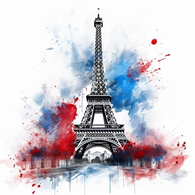 realistic and detailed eiffel tower with blue, white and red splash of watercolour in the background clipart on a white background