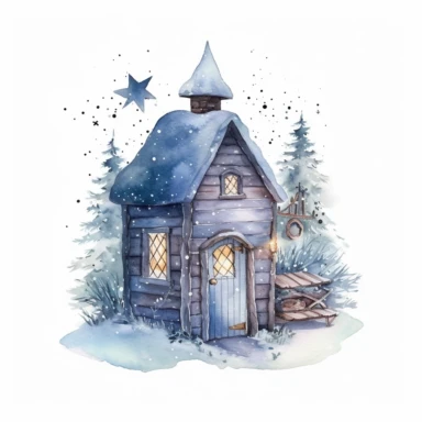 watercolor clipart of a cute ice fishing hut, sparkles, cosy winter wonderland vibes, isolated on white background
