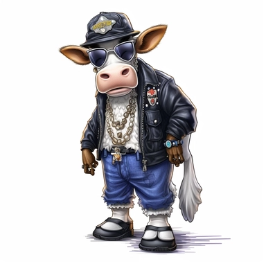 highly detailed clipart of a furry cow calf like person standing up wearing a baseball cap and dressed in 2000's style rapper clothes and sneakers and jewelry. Nelly the rapper style.