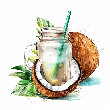 watercolor colorful clipart of a refreshing coconut drink, hd, on white background