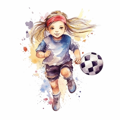 cute Watercolor cartoon soccer player girl, clipart, white background
