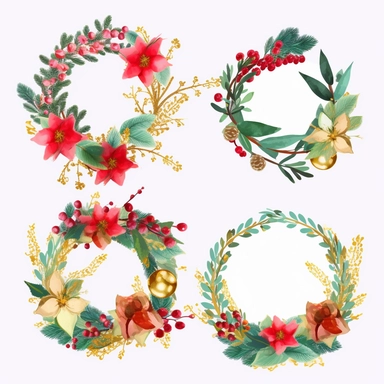 lowers wreaths for christmas clipart, spring clipart, single design include red and gold balls and christmas bells, 8k