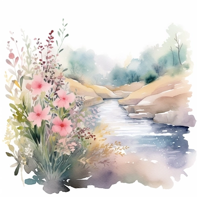 rivers with Flower Banks Watercolor Clipart, dripping colors, soft calming colors, no clear patterns, no outlines, diffused colors