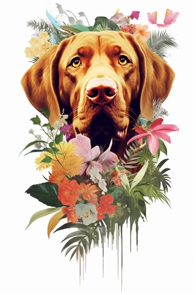 white background, dog, 3d, super closeup, sticker, photorealistic, artwork of t shirt graphic of majestic forest, in digital painting style , beautiful flowers, sunset mountains and clouds , big vines, plants sorround, highly detailed clean, vector image, photorealistic masterpiece, professional photography, realistic, flat white background, isometric, vibrant vector, clipart, illustration, realism, 4k, , cinematic, front view, paradise, extremely white background