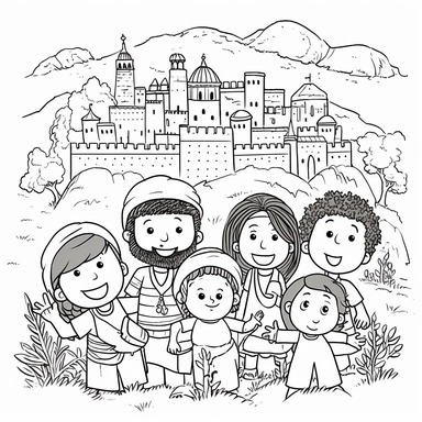cute black and white clipart of jeruselum from the bible with happy people, suitable for a childrens books