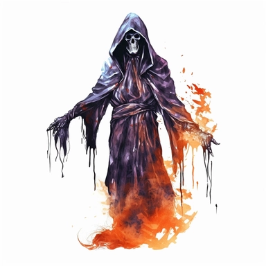mystical dark scary watecolor halloween horror cartoon grim reaper clipart, hd 4k, detailed, focused, isolated on white background