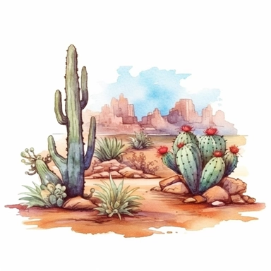 watercolor style, mexican desert with cacti, clipart, isolated on white background, 4K