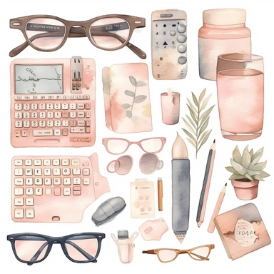 hand paint, Office Watercolor Clipart, Office Elements, computer clipart, calculator clipart, glasses clipart, electronic clipart, single design, blush pink, beige pastel