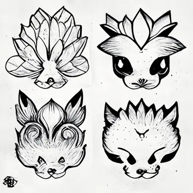 Pokémon style animal, tattoo flash sheet, separate images, black and white, sticker, line art, clipart, white border